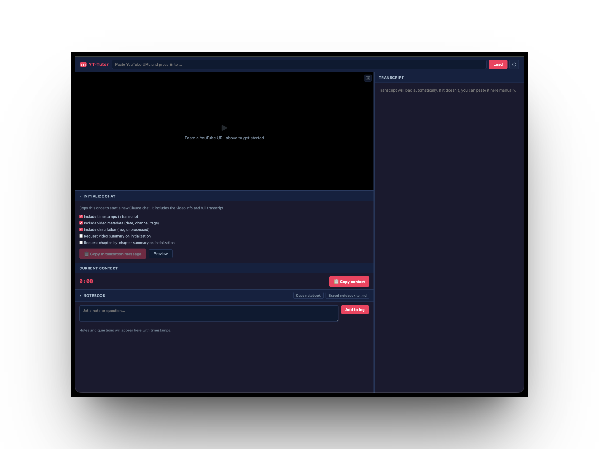 Screenshot of the initial red version showing URL bar, checkboxes, and copy button
