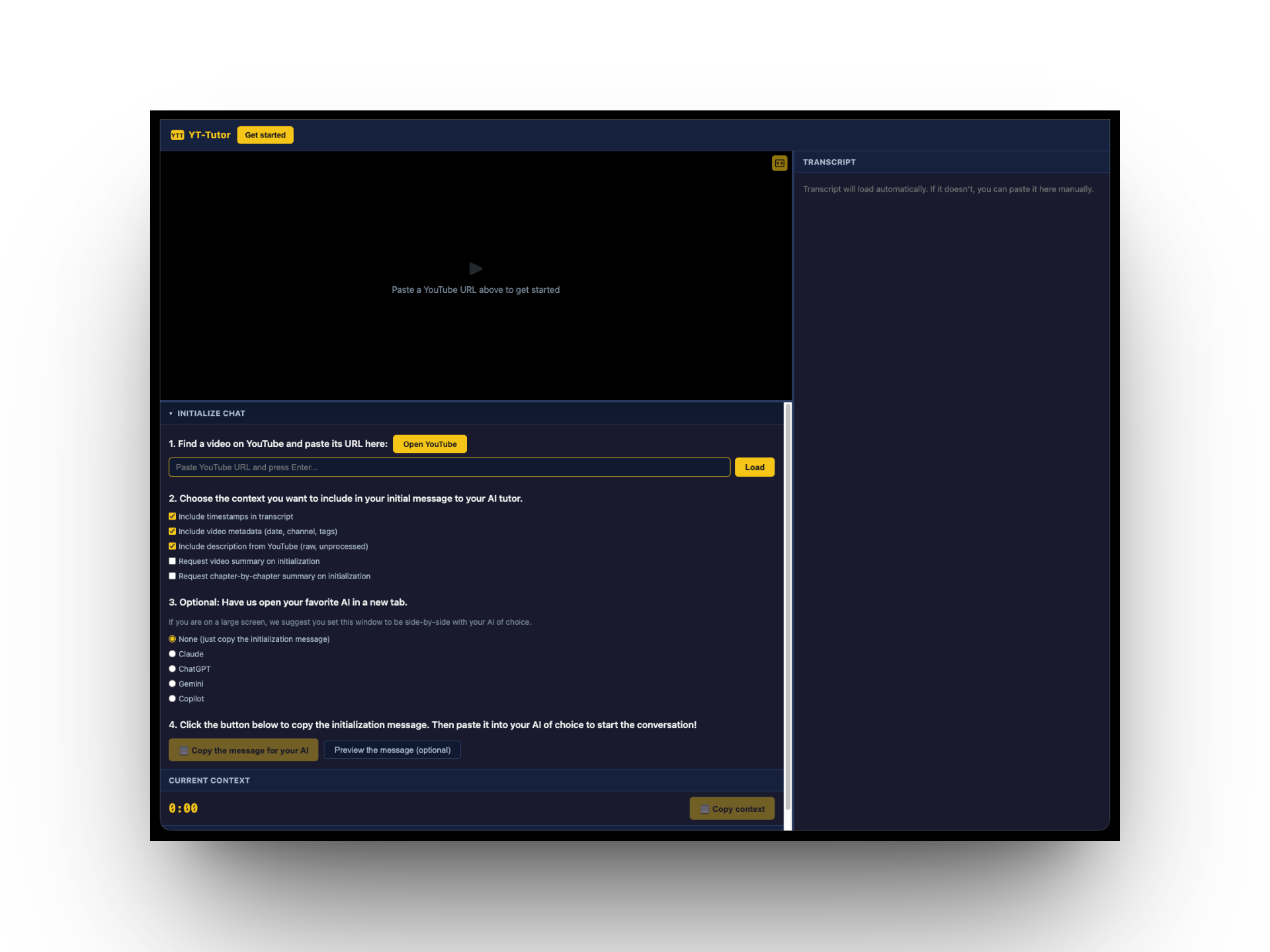 Screenshot of the redesigned yellow version with numbered steps, Open YouTube button, and AI selector