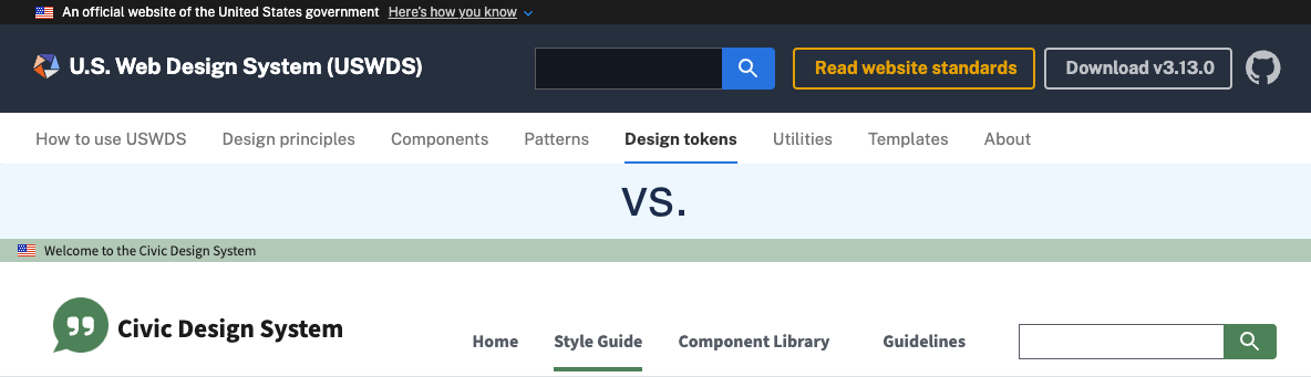 Side-by-side comparison of USWDS navigation versus Civic navigation