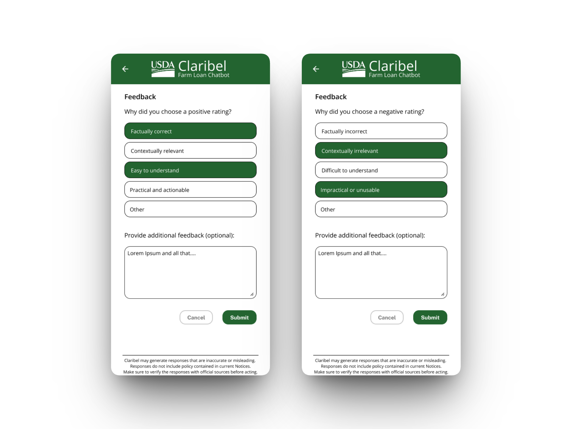 Feedback form with thumbs up/down and structured quality dimension categories