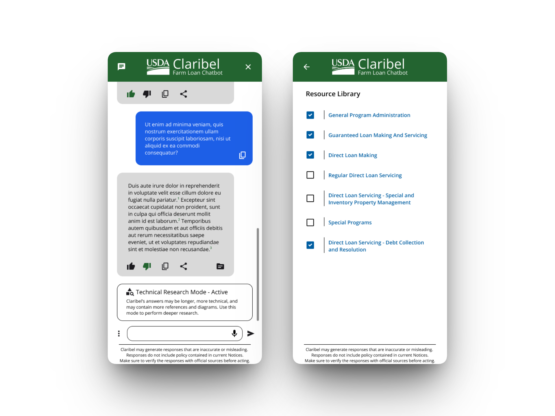 Settings screen showing how to enable the Technical Research Assistant mode and filter which policy documents the AI references
