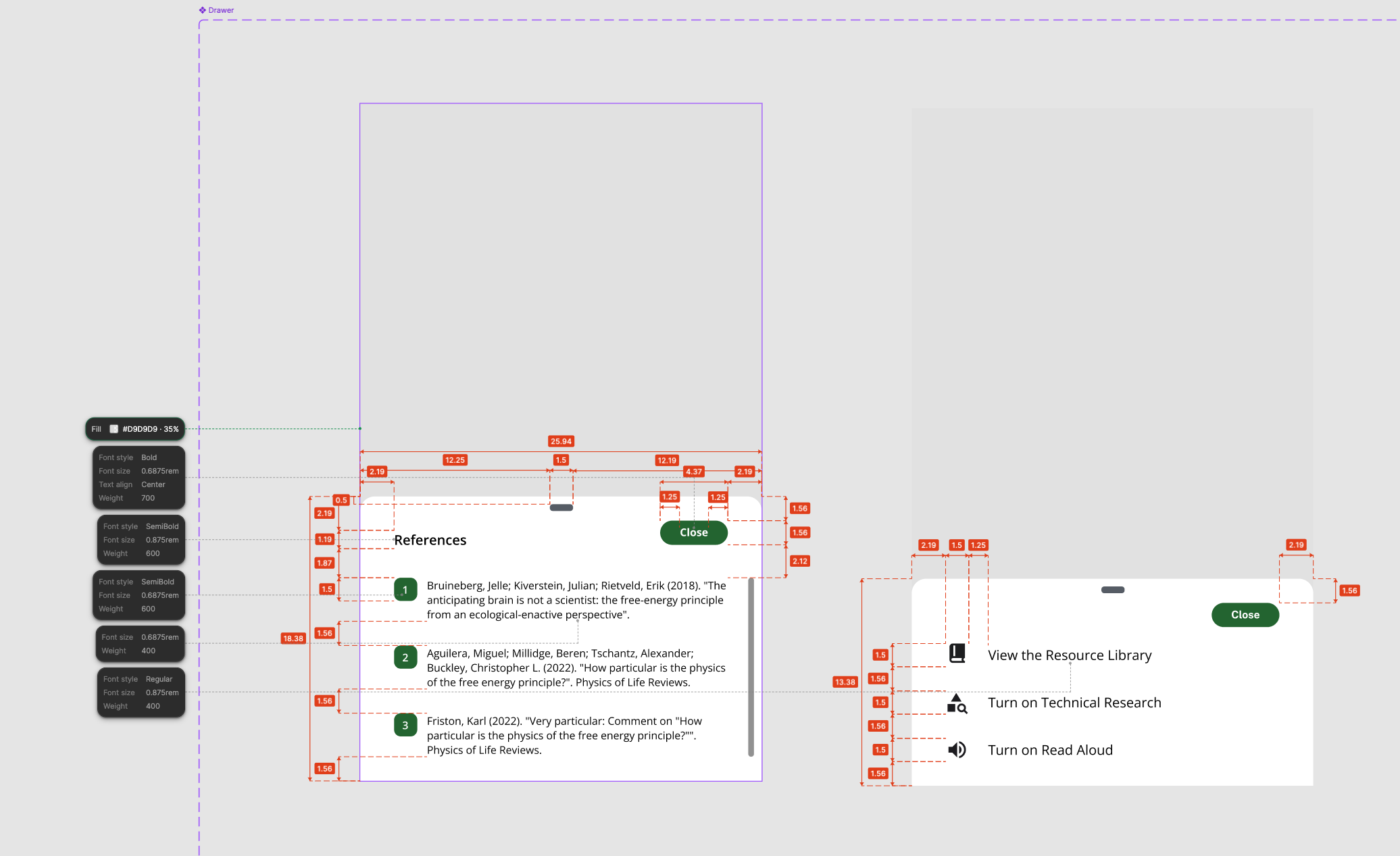 Redlined Figma screen showing dimension annotations, font specs, and spacing callouts