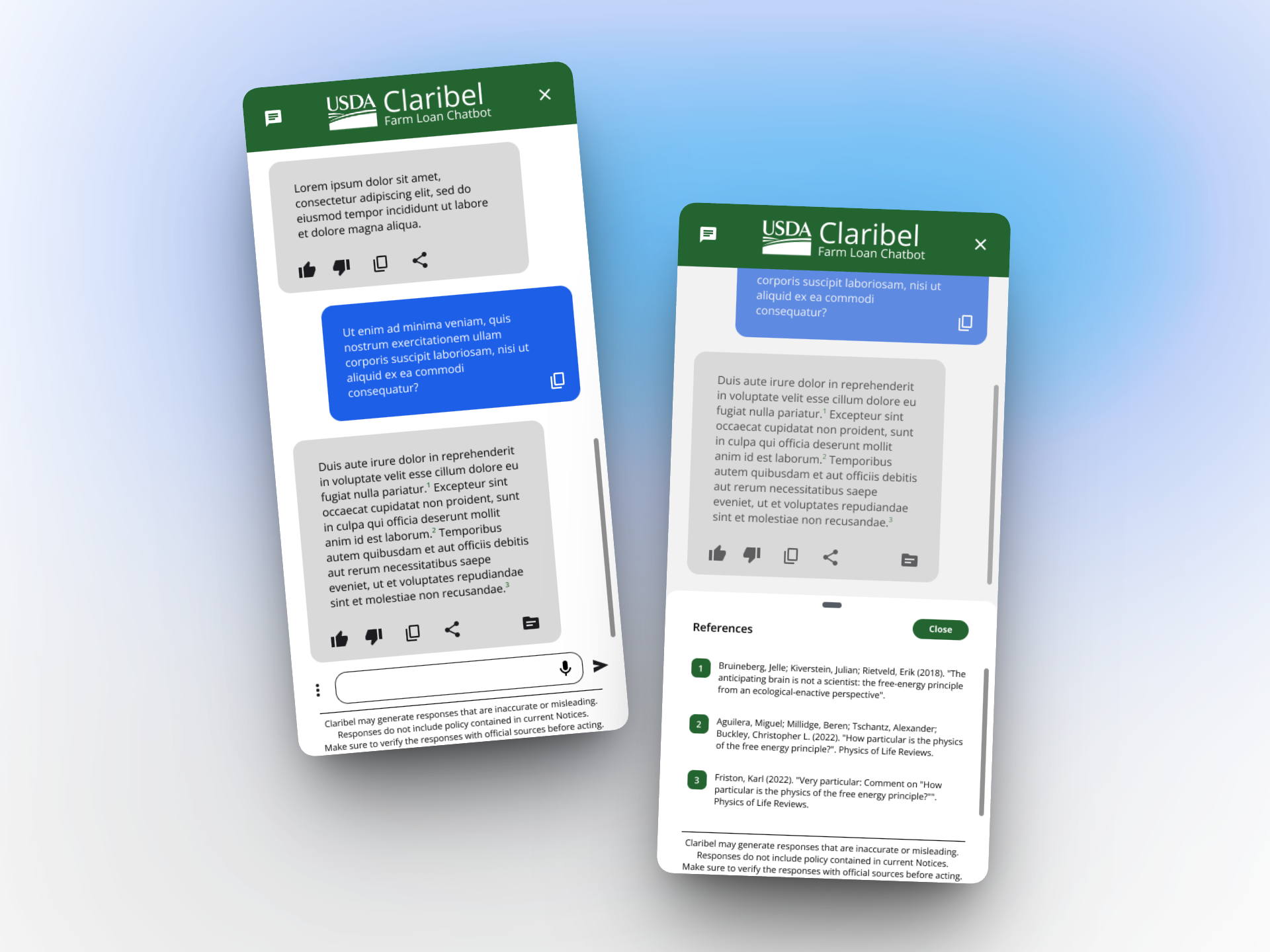 Figma mockups of the USDA Claribel chatbot interface