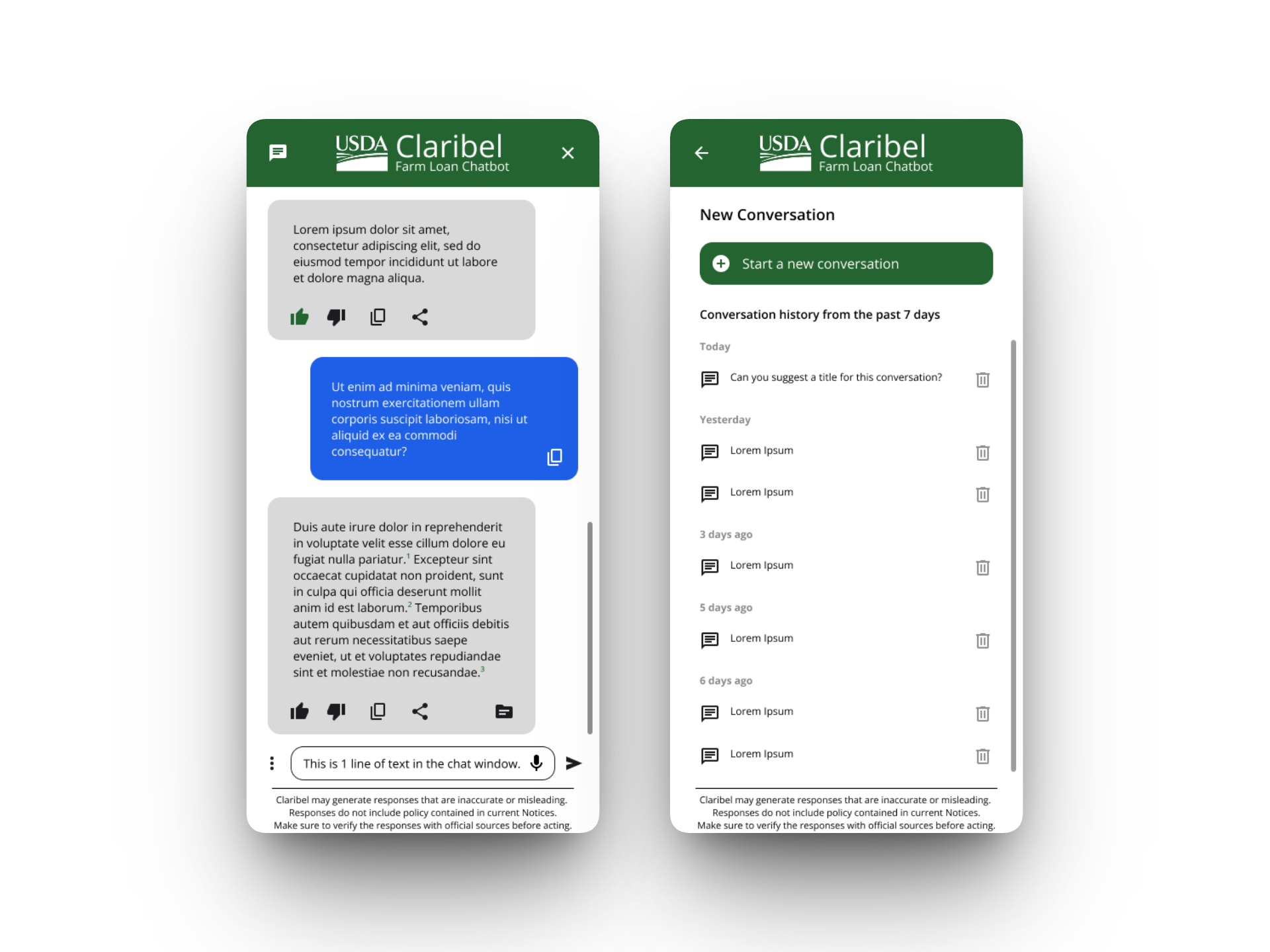 Two screens showing a chat in progress with citations and conversation history