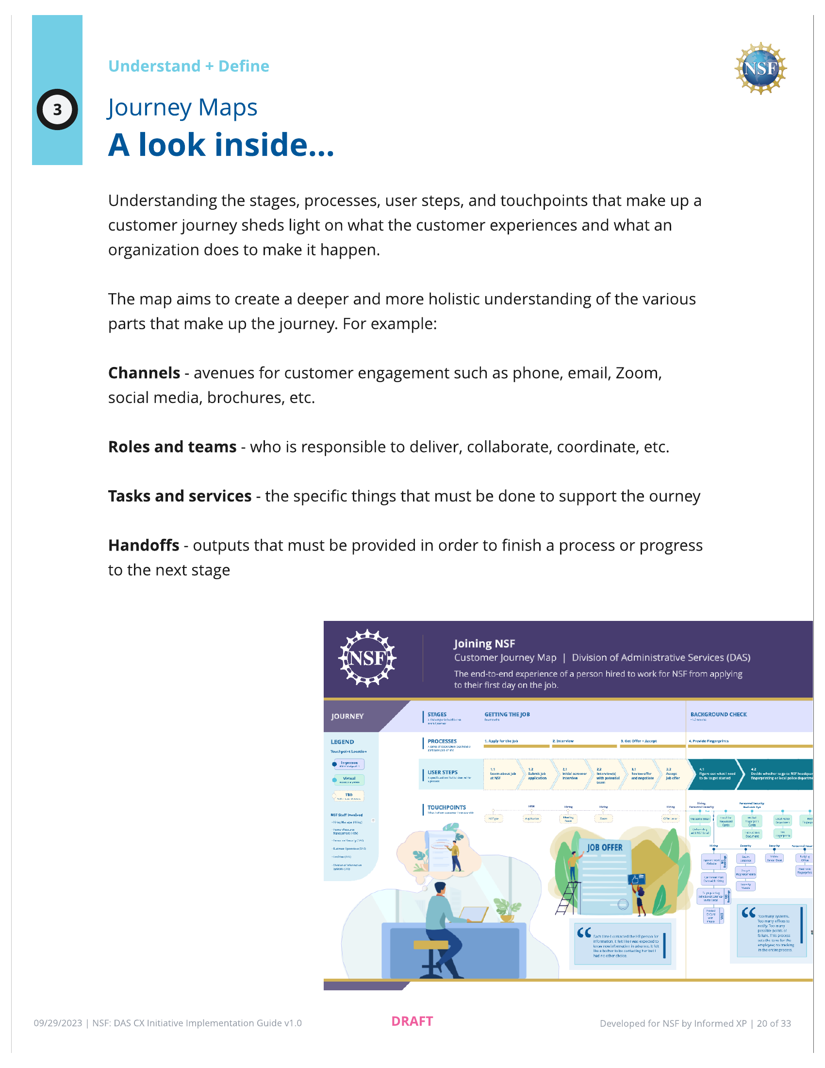 Customer journey map showing the Joining NSF experience from application to first day, with stages, processes, user steps, touchpoints, and handoffs